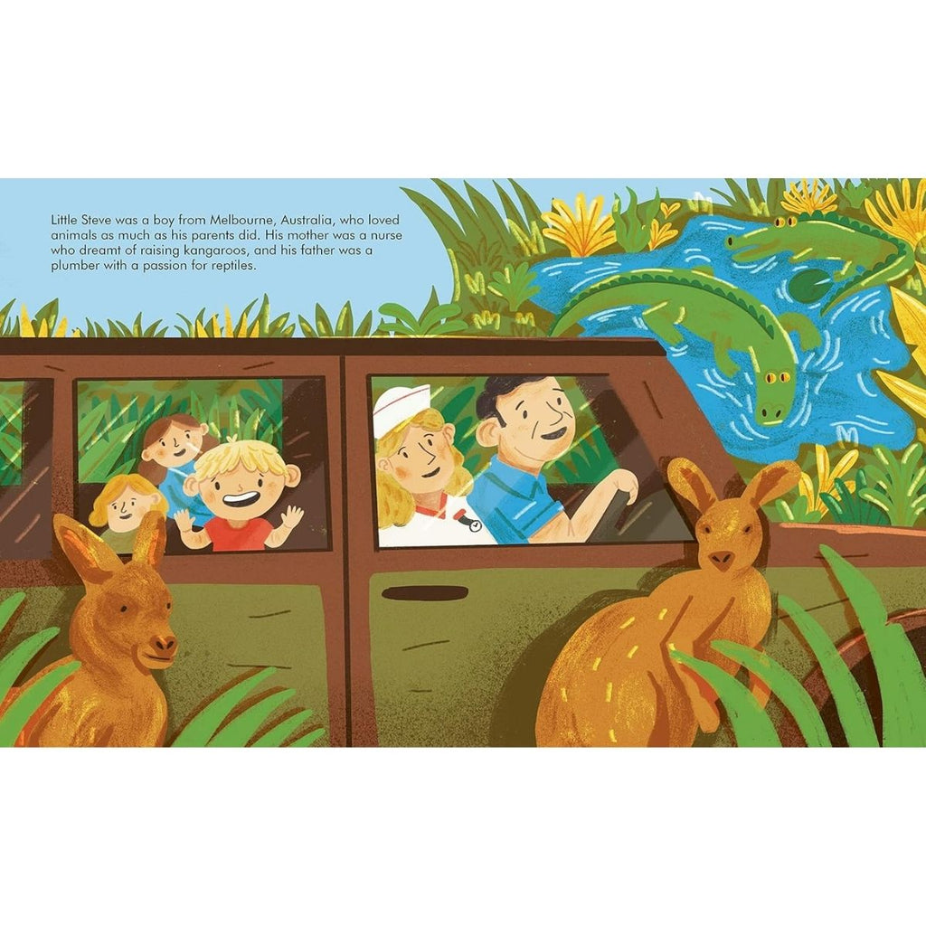 Illustration of a family in a car with kangaroos and a crocodile in the background