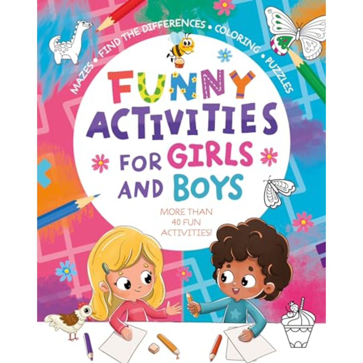 Book cover of 'Funny Activities for Girls and Boys' with colorful design and illustrations.