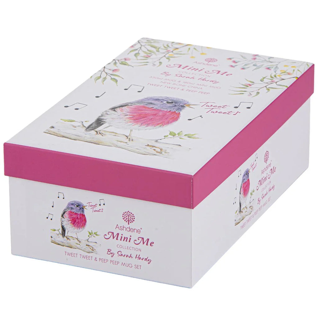 White box with pink accents and bird illustrations on a white background