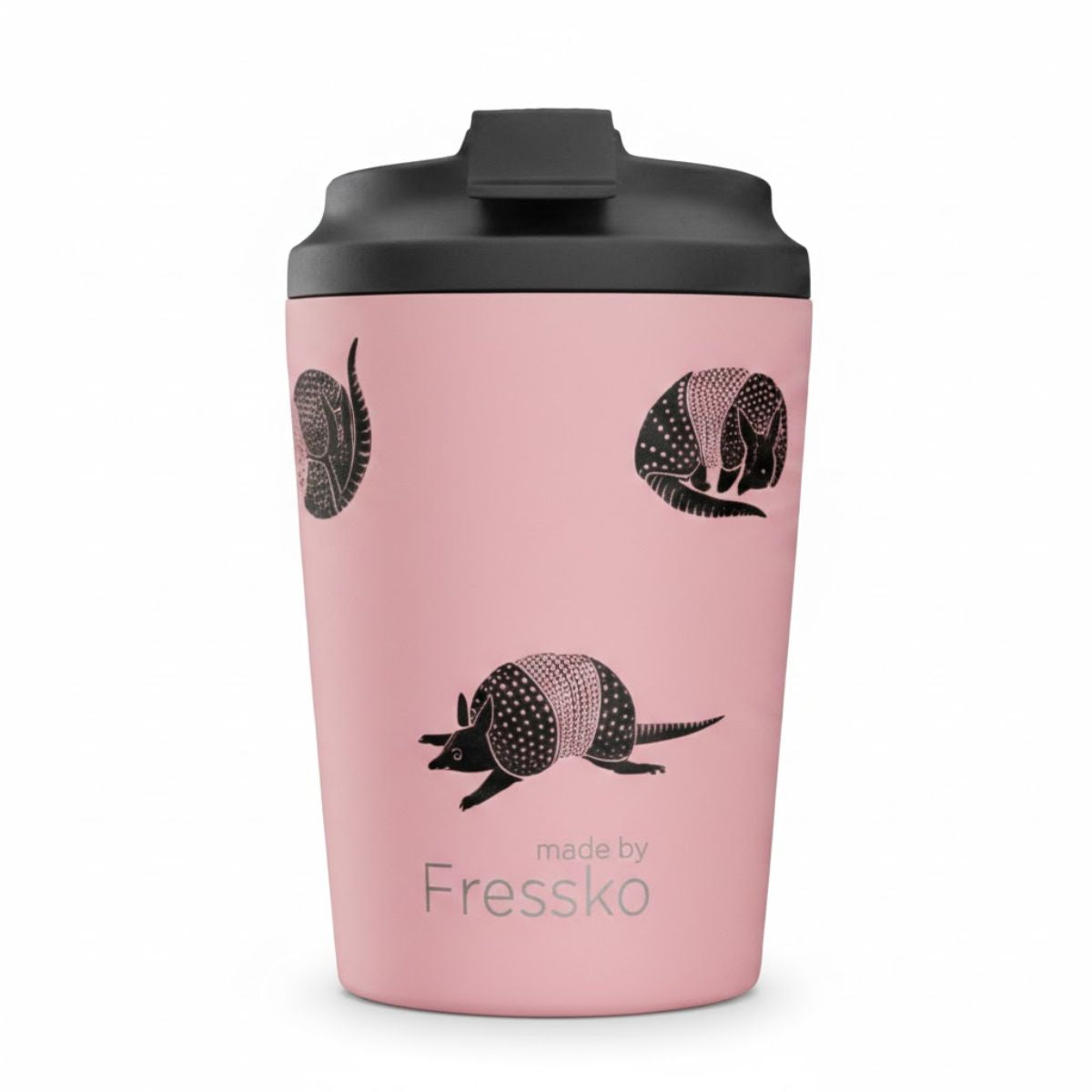 Pink tumbler with black armadillo design and 'made by Fressko' text on a white background