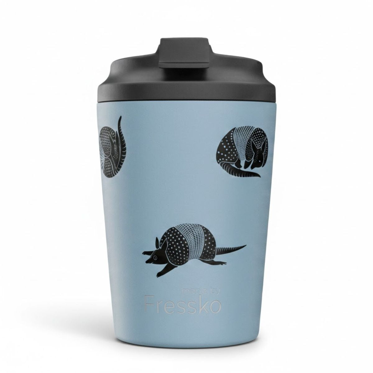 Blue tumbler with black armadillo design and 'Fressko' branding on a white background