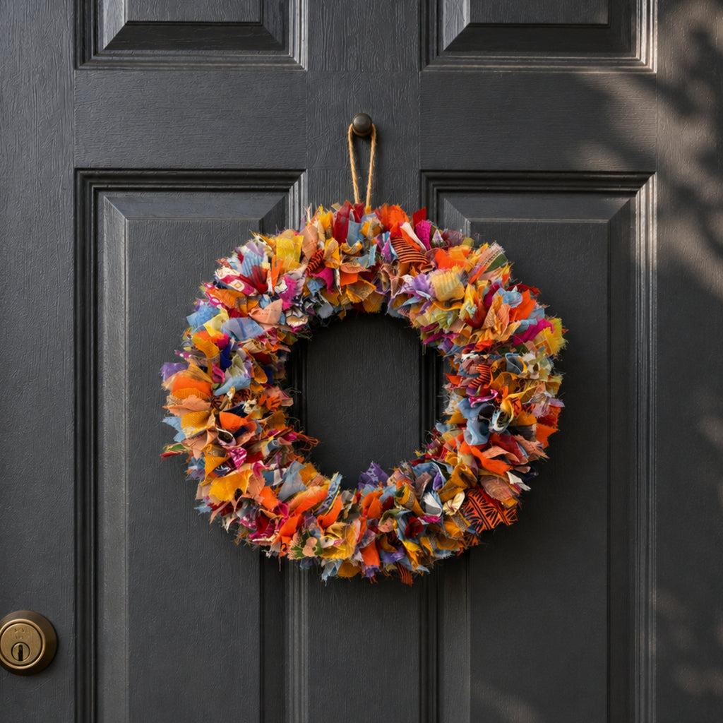 A colorful fringe wreath made from layered fabric strips in orange, yellow, blue, pink, and purple, hanging on a dark charcoal paneled door.