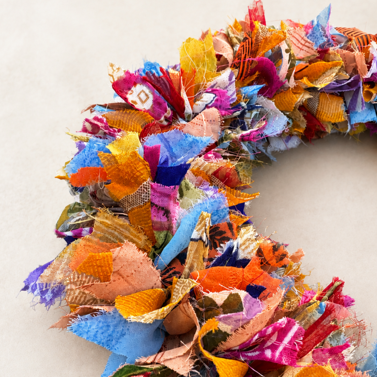 A handmade fabric wreath made from many colorful cut textile pieces, including orange, blue, pink, purple, yellow, and brown, photographed on a plain light beige background.