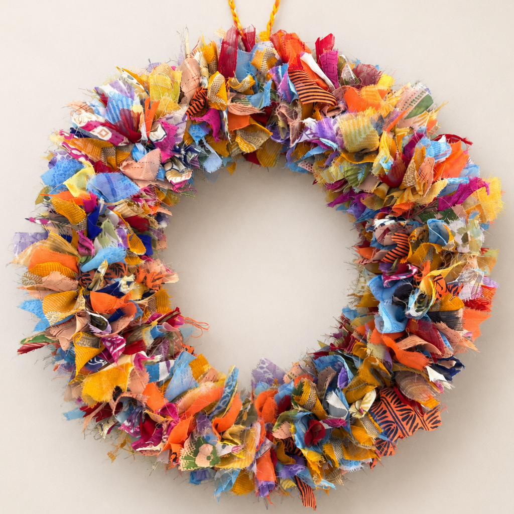 A handmade fabric wreath made from many colorful cut-up textile pieces, hanging against a plain light beige wall.