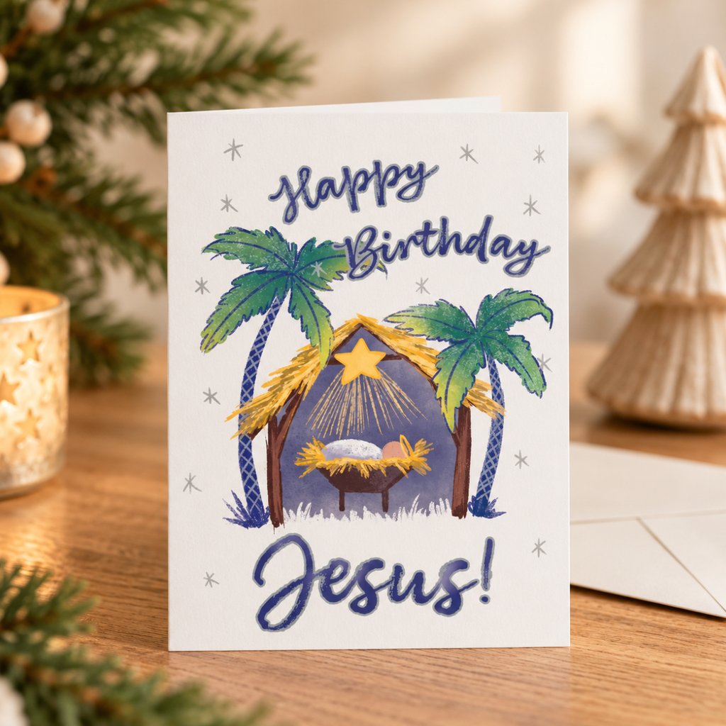 A square birthday greeting card with a nativity scene illustration, featuring palm trees, a stable, a glowing star, and the words 'Happy Birthday Jesus!' on a wooden table with holiday decor in the background.