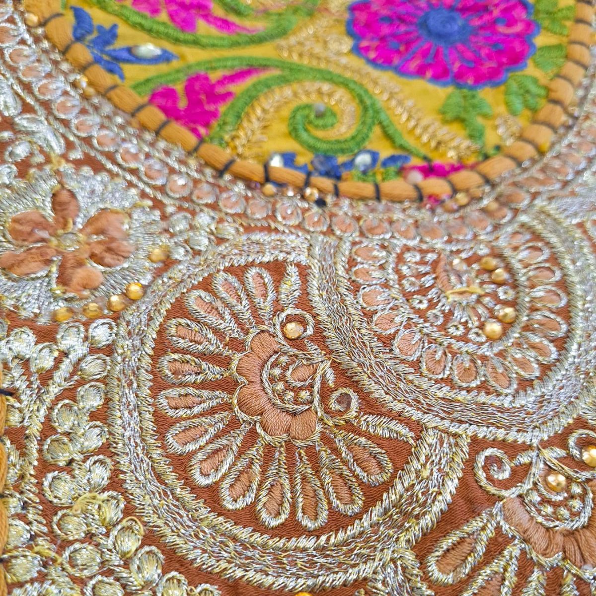 Close-up of intricate floral embroidery with colorful beads on a fabric background.