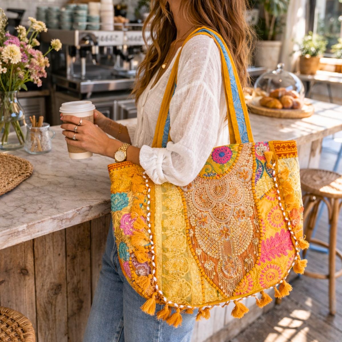 Person holding a colorful handbag with a coffee cup in a casual setting
