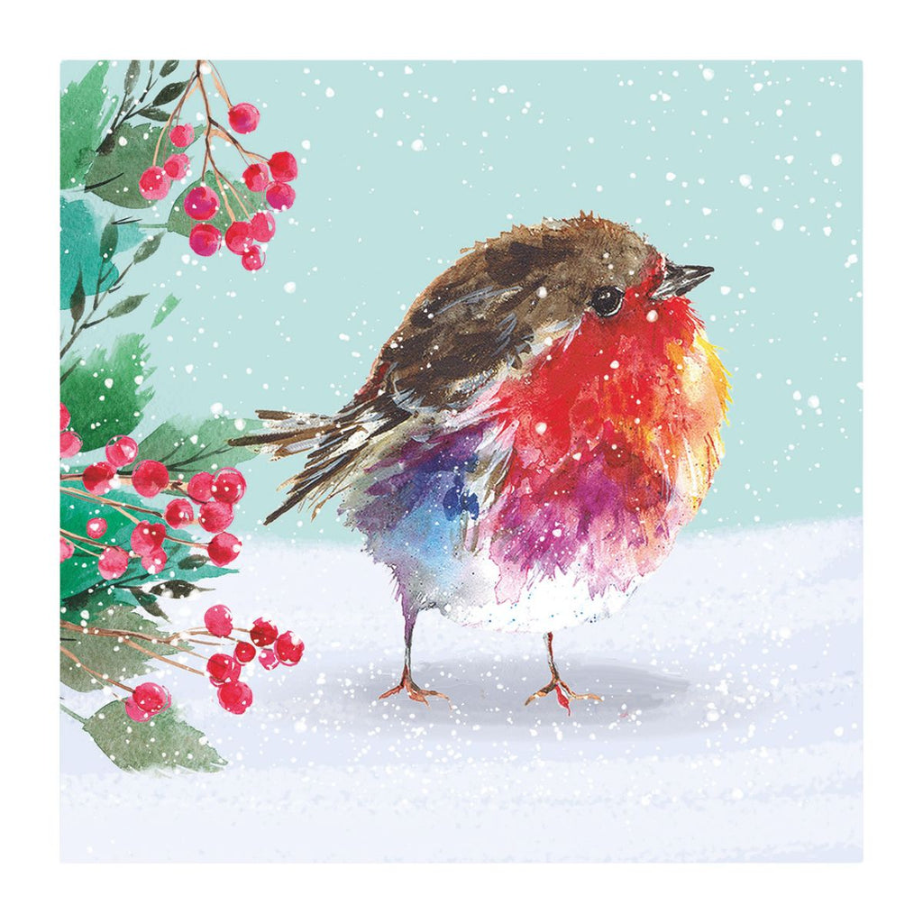 Watercolor-style artwork of a robin standing in snow with red berries on the left, set against a pale blue background with falling snow.