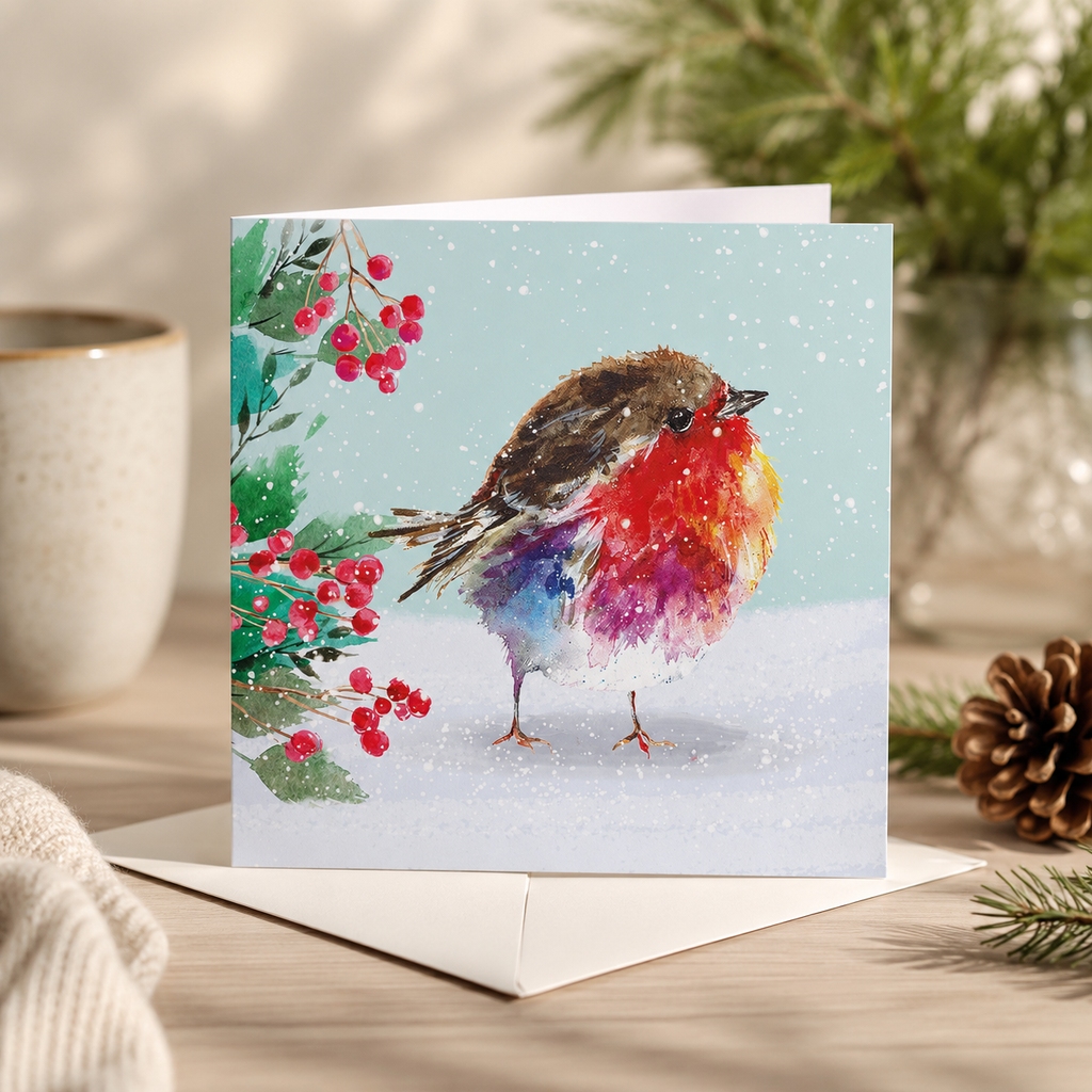 A square greeting card featuring a colorful watercolor robin standing in snow, with red berries and green holly on the left, displayed on a wooden surface with an envelope and holiday props.