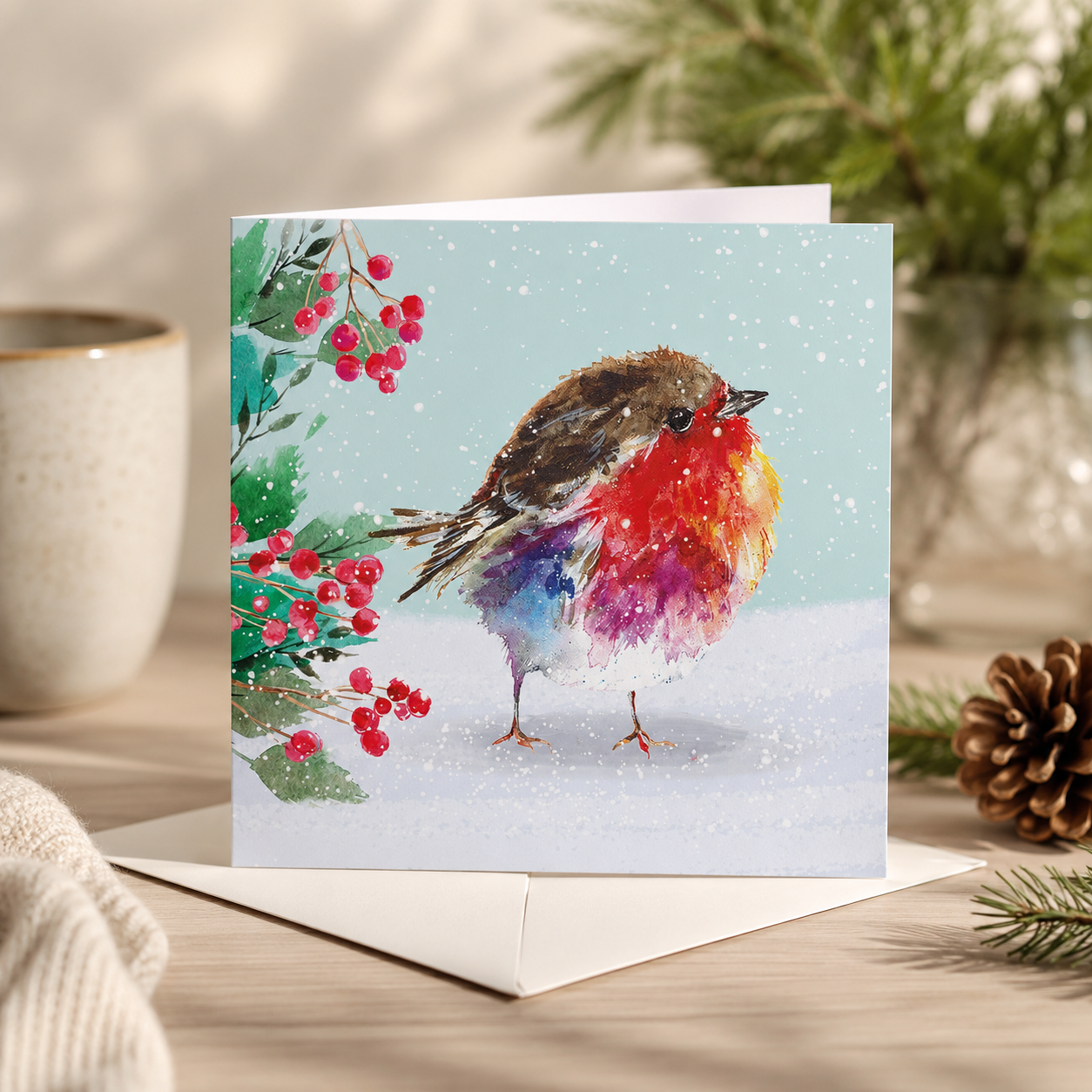 A square greeting card featuring a colorful watercolor robin standing in snow, with red berries and green holly on the left, displayed on a wooden surface with an envelope and holiday props.