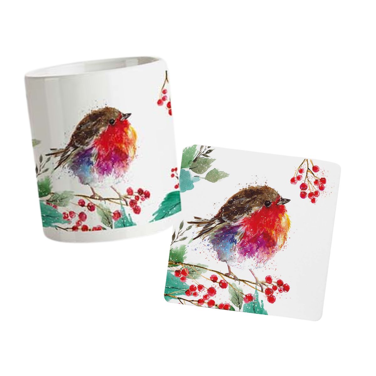 A white ceramic mug and matching square coaster featuring a watercolor-style robin bird with red breast, brown wings, green leaves, and red berries on a white background.