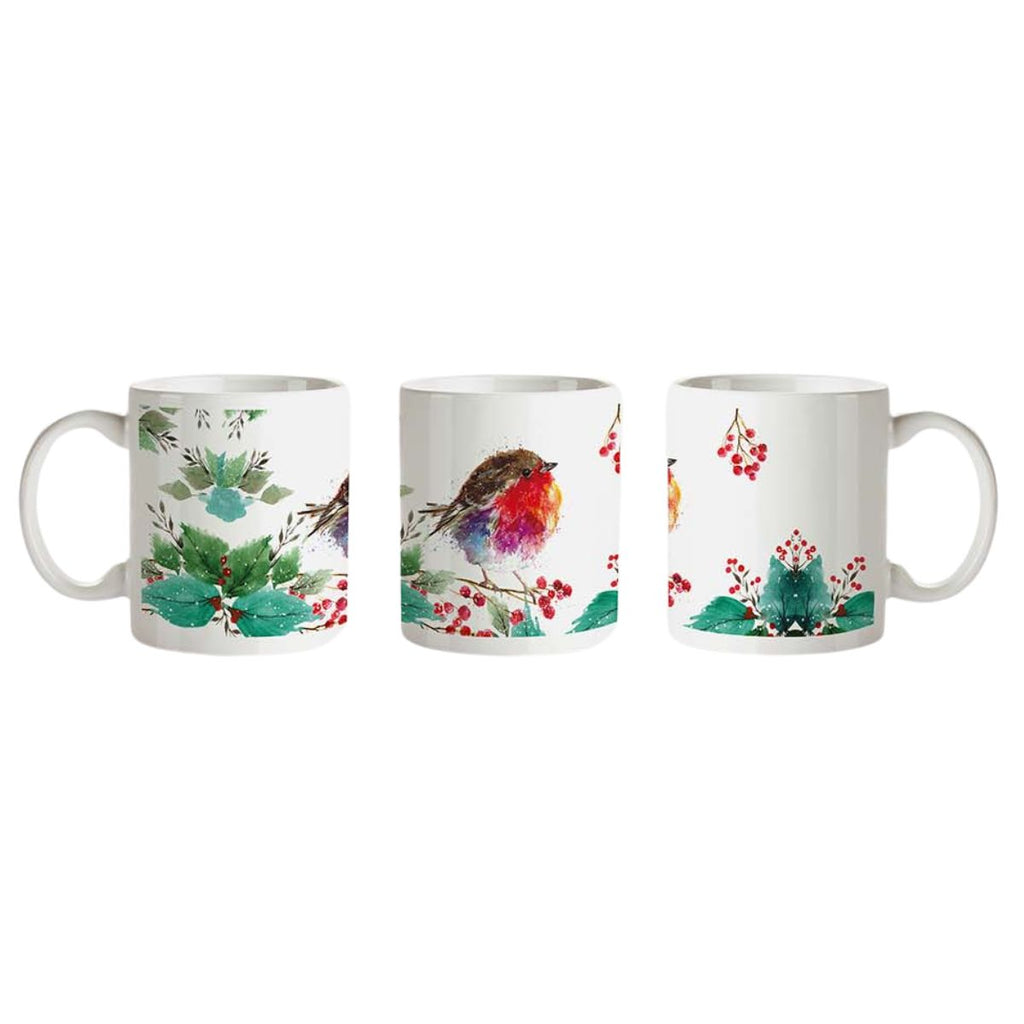 Three angles of a white ceramic mug shown side by side, each decorated with a different view of a colorful robin bird and green leaves with red berries on a white background.