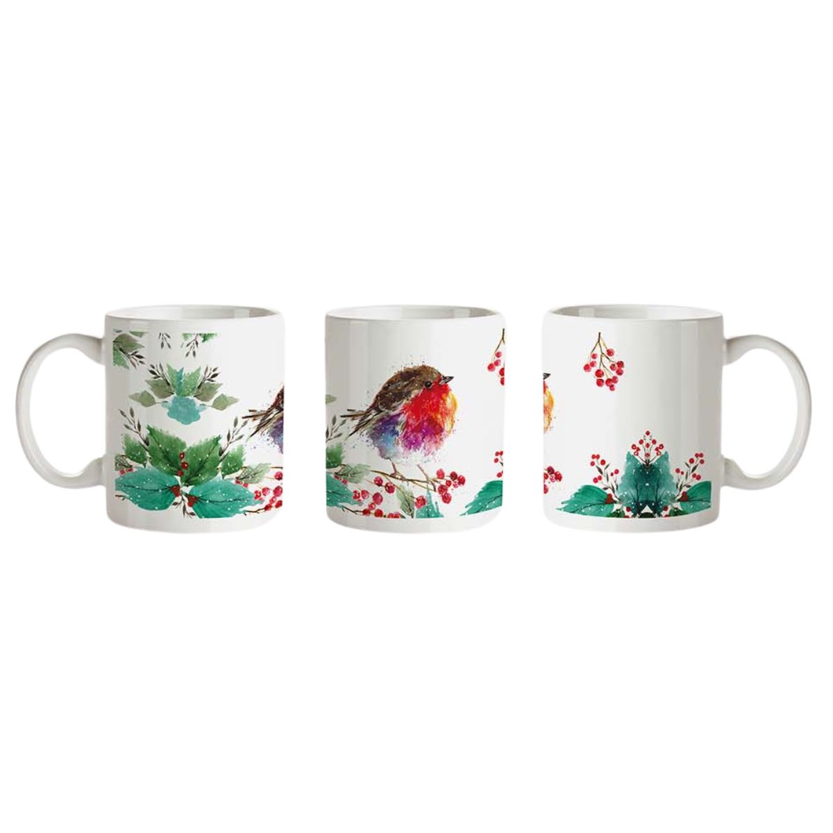 Three angles of a white ceramic mug shown side by side, each decorated with a different view of a colorful robin bird and green leaves with red berries on a white background.