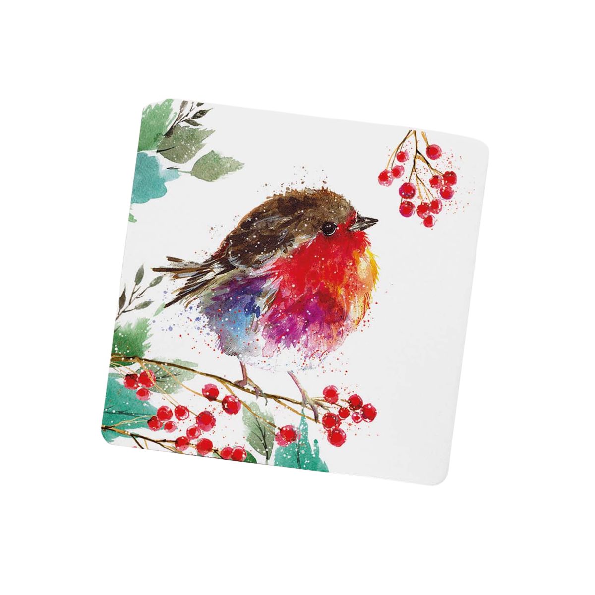 A square white coaster or tile featuring a colorful watercolor painting of a robin bird perched on a branch with red berries and green leaves, shown on a plain white background.