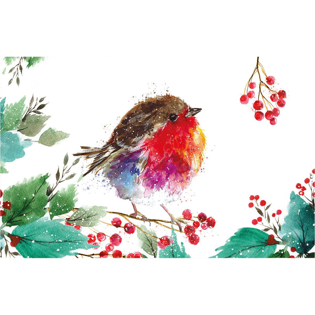 Watercolor-style artwork of a small bird with a bright red, orange, yellow, and purple chest, perched among green leaves and clusters of red berries on a white background.