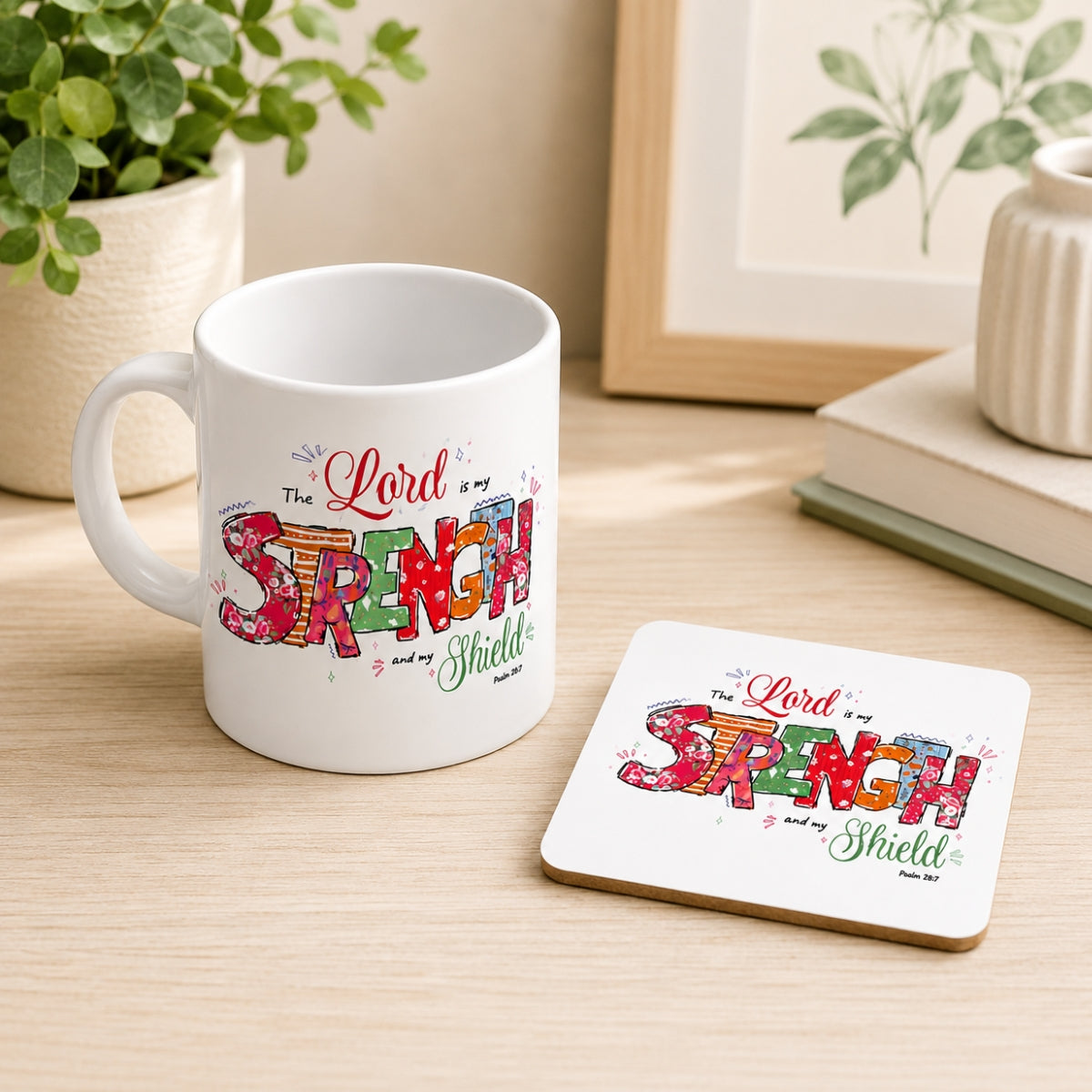 A white ceramic mug and matching square coaster set on a light wood table, both printed with the phrase “The Lord is my Spanish and my Shield” in colorful decorative lettering. The scene includes a potted plant, framed art, books, and a vase in a styled indoor setting.
