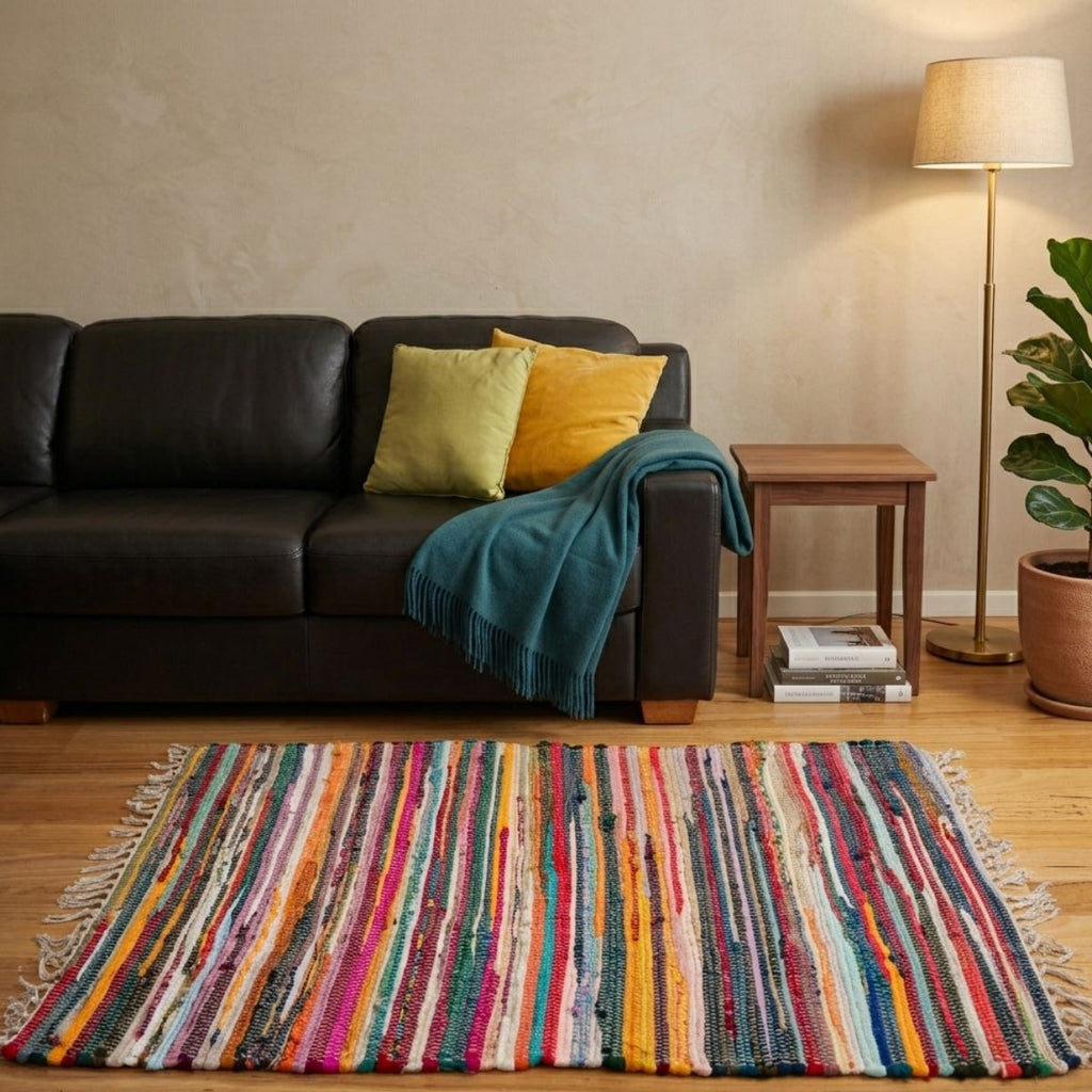 A colorful striped woven area rug with fringe, styled in a living room setting in front of a black leather sofa with yellow pillows and a teal throw blanket.