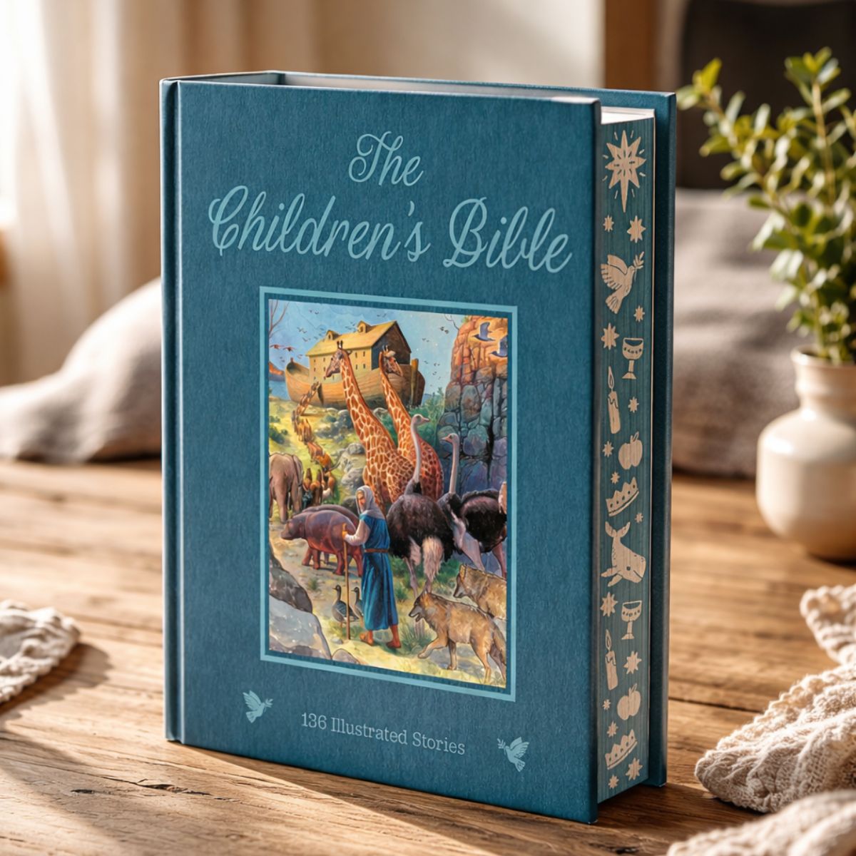Children's Bible on a wooden surface with a blurred background