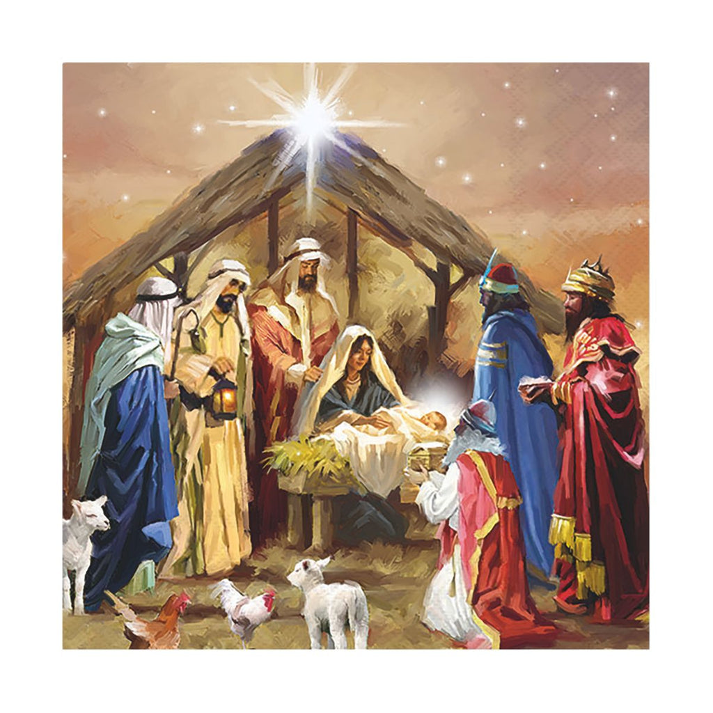 A square art print depicting the Nativity scene with Mary, Joseph, baby Jesus in a manger, wise men, shepherds, and animals under a starry sky. The artwork is centered on a white background.