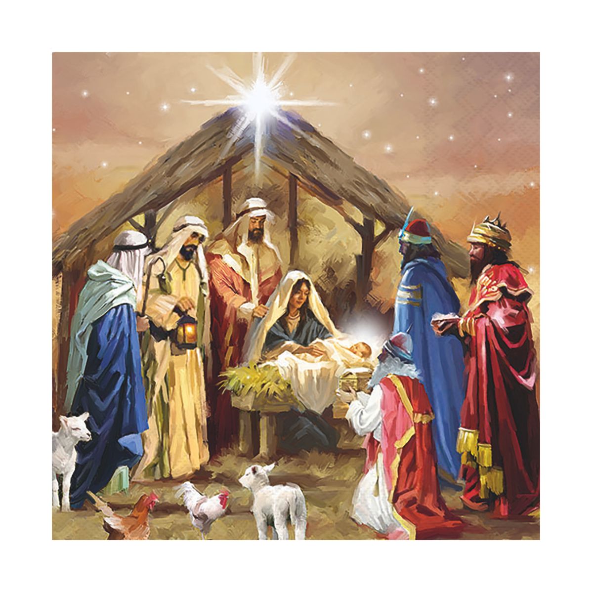 A square art print depicting the Nativity scene with Mary, Joseph, baby Jesus in a manger, wise men, shepherds, and animals under a starry sky. The artwork is centered on a white background.