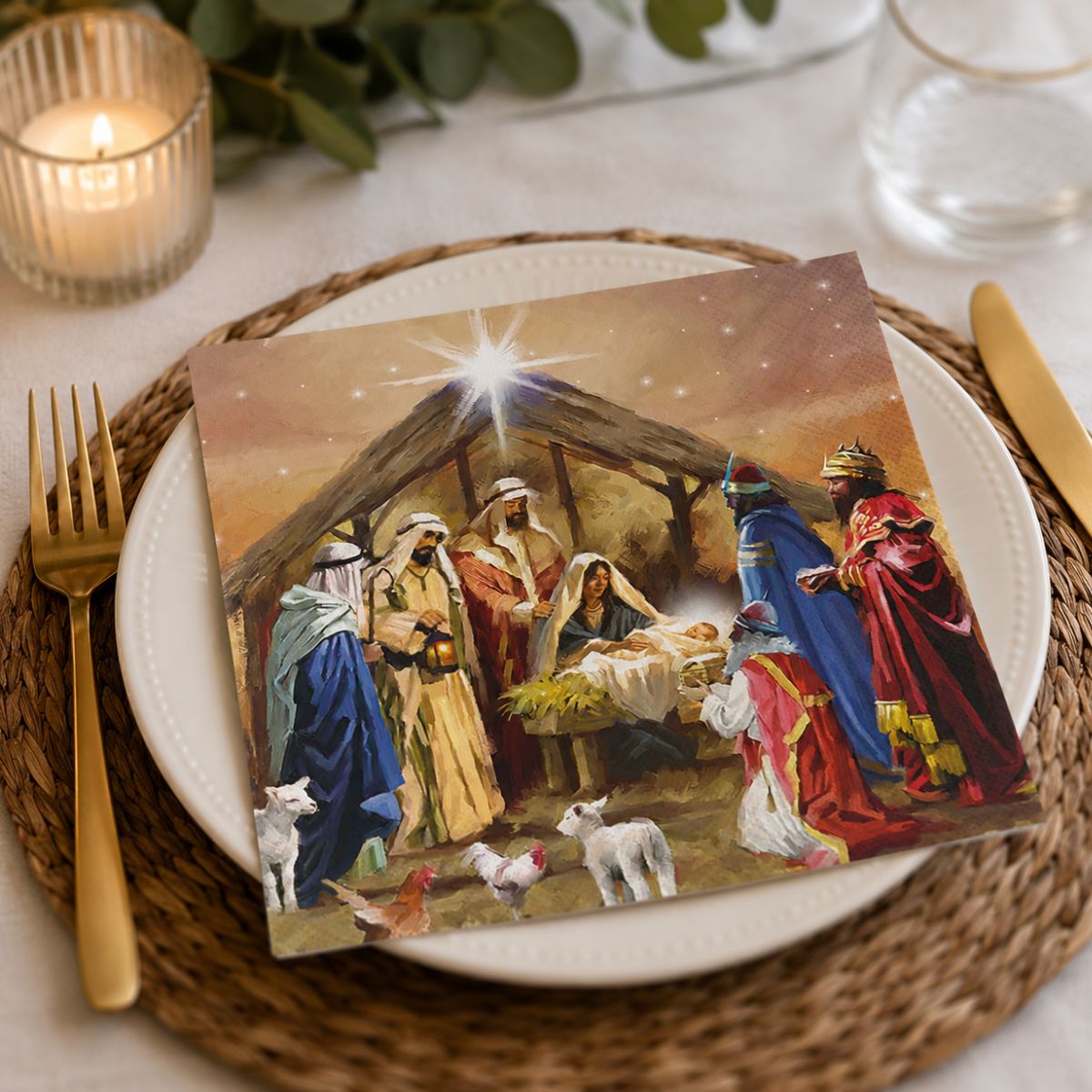 A printed napkin featuring a Nativity scene, styled on a white plate over a woven placemat with gold-toned cutlery and a lit candle in the background.