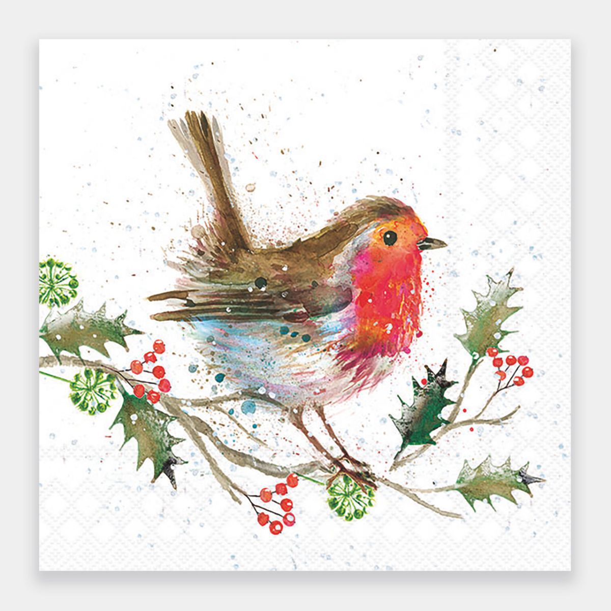 A square white paper napkin featuring a watercolor-style robin perched on a holly branch with red berries, shown against a light gray background.