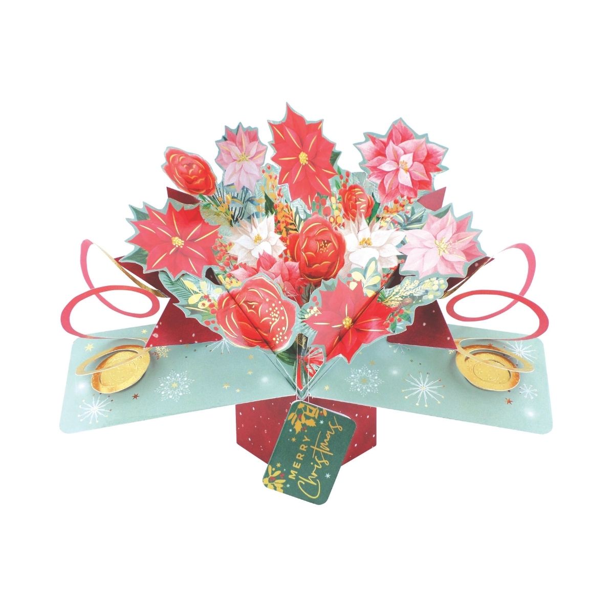 A 3D pop-up cardboard Christmas greeting card featuring a festive paper flower bouquet with poinsettias, red roses, and gold ornaments, complete with a 'Merry Christmas' tag, set against a plain white background.