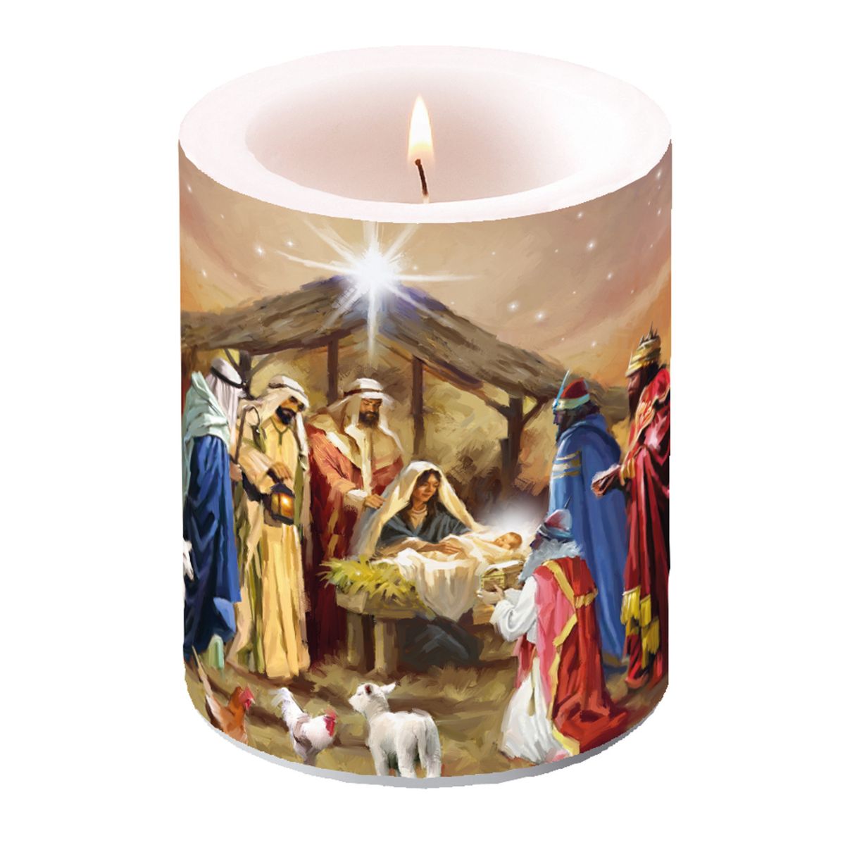 A cylindrical pillar candle with a lit wick, featuring a printed Nativity scene on its surface. The scene depicts Mary, Joseph, baby Jesus in a manger, wise men, shepherds, and animals under a starry night sky.