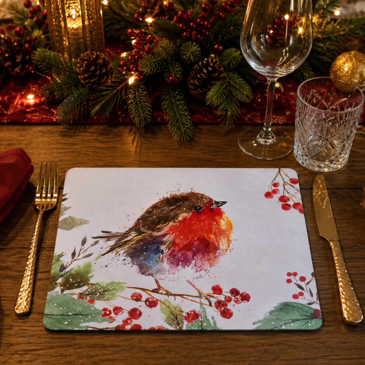 A rectangular holiday table placemat featuring a watercolor robin bird and red berries, styled on a wooden table with gold-toned cutlery, a wine glass, a tumbler, and festive greenery in the background.