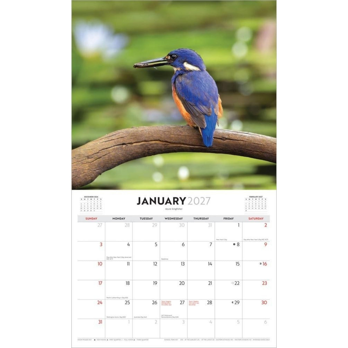 A January 2027 wall calendar page featuring a large photograph of a blue and orange kingfisher perched on a branch against a green blurred background, with a white calendar grid below.
