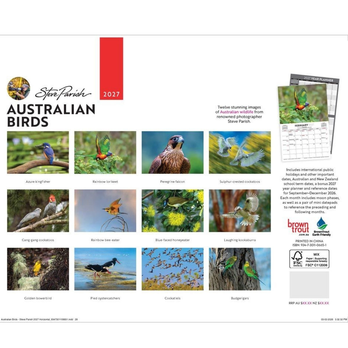 A printed bird-themed calendar or poster titled 'Star Parish 2027 Australian Birds' with multiple bird photographs arranged in a grid, plus a small inset showing a monthly calendar cover and publication details on the right.
