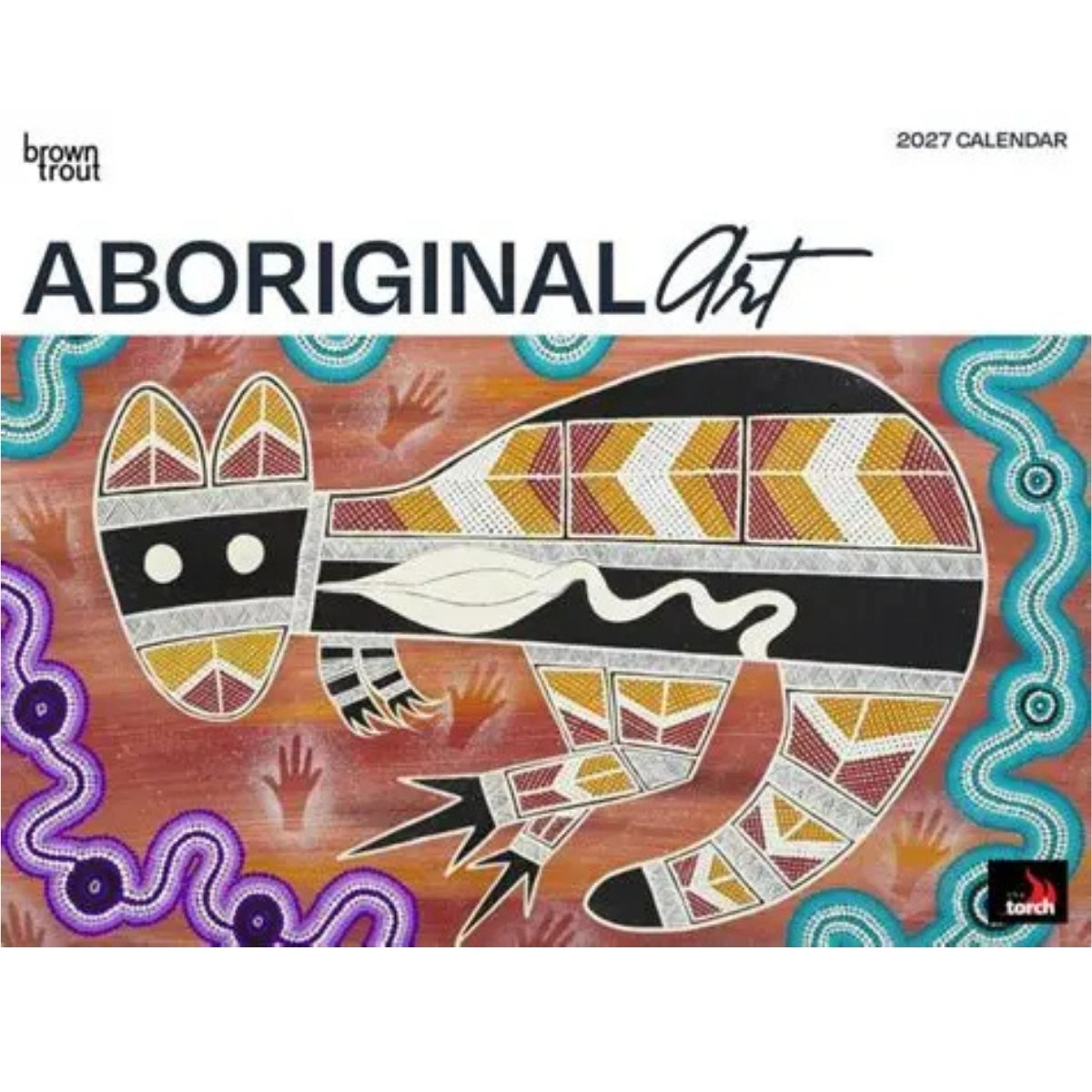 Front cover of the 2027 Brown Trout Aboriginal Art calendar, featuring a stylized kangaroo illustration in traditional Aboriginal dot art with geometric patterns in red, yellow, black, white, and turquoise on a white background.