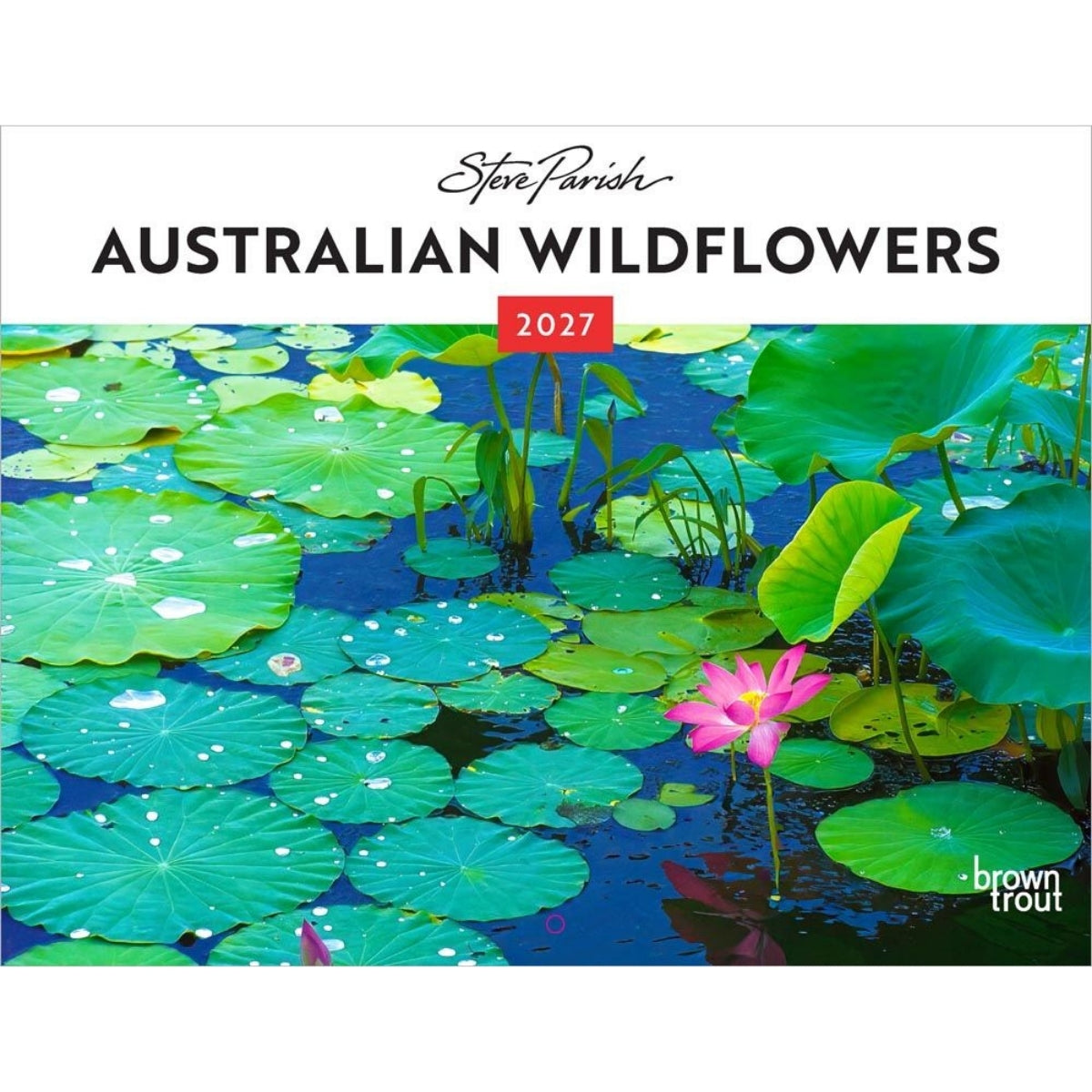 Front cover of the 2027 'Australian Wildflowers' wall calendar by Steve Parish, featuring a photograph of green lily pads and a pink water lily on blue water, with the title and 'Brown Trout' logo at the bottom.