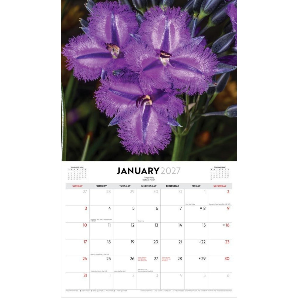 January 2027 wall calendar page featuring a large photograph of purple flowers at the top and a white calendar grid below.