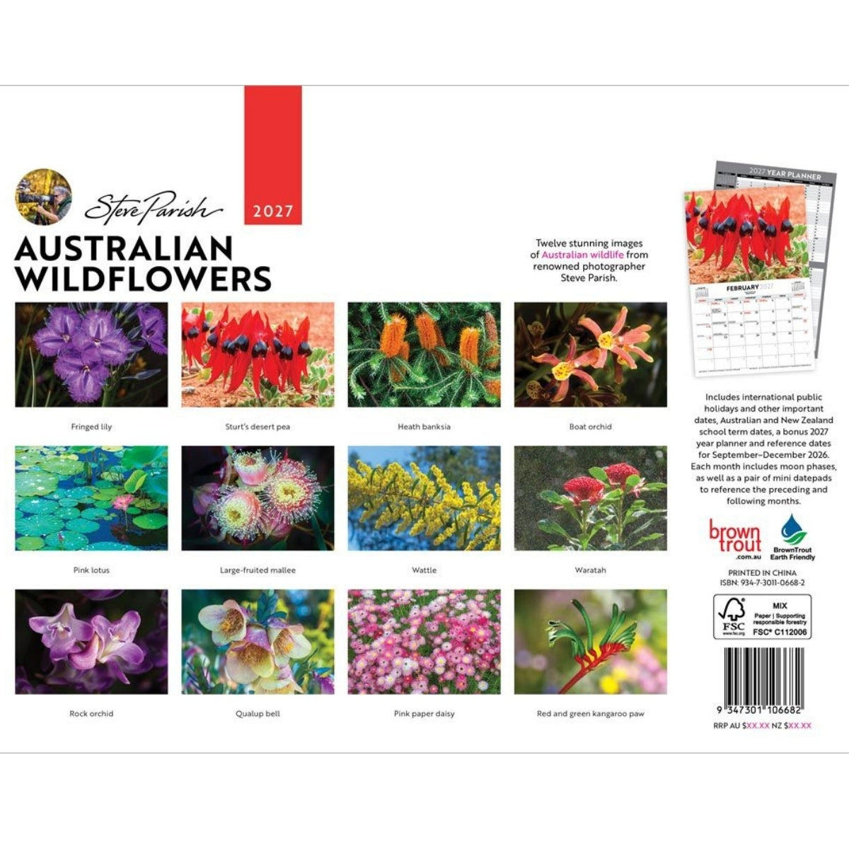 Australian Wildflowers 2027 photo calendar cover by Steve Parish, featuring a grid of colorful Australian flower photographs, product text, a sample calendar page, and a brown tree logo on a white background.