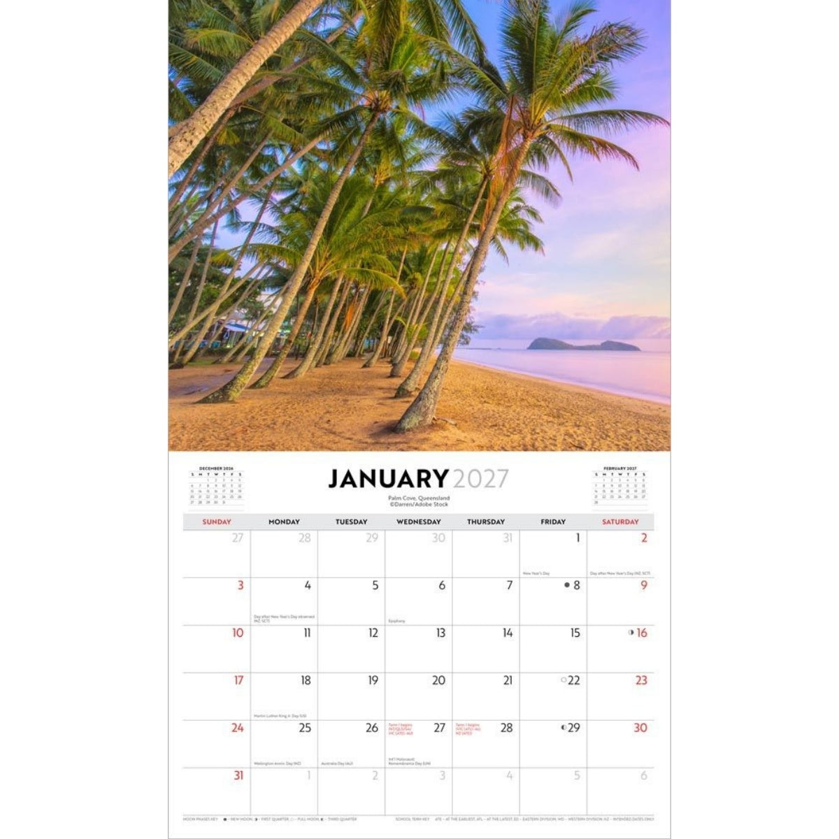 A single-page wall calendar spread showing a tropical beach scene with leaning palm trees, sand, water, and a pastel sky, with the calendar grid for January 2027 below.