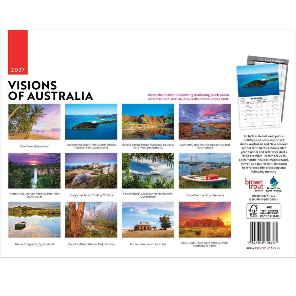 Back cover of a 2027 'Visions of Australia' calendar, featuring a grid of landscape photographs across Australia, product details, a sample page, and a barcode on a white background.