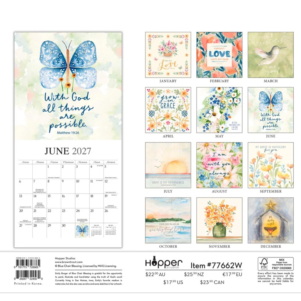 Hopper Designs 2027 wall calendar page set featuring a large June 2027 calendar with a blue butterfly illustration and smaller monthly previews with floral and inspirational artwork.