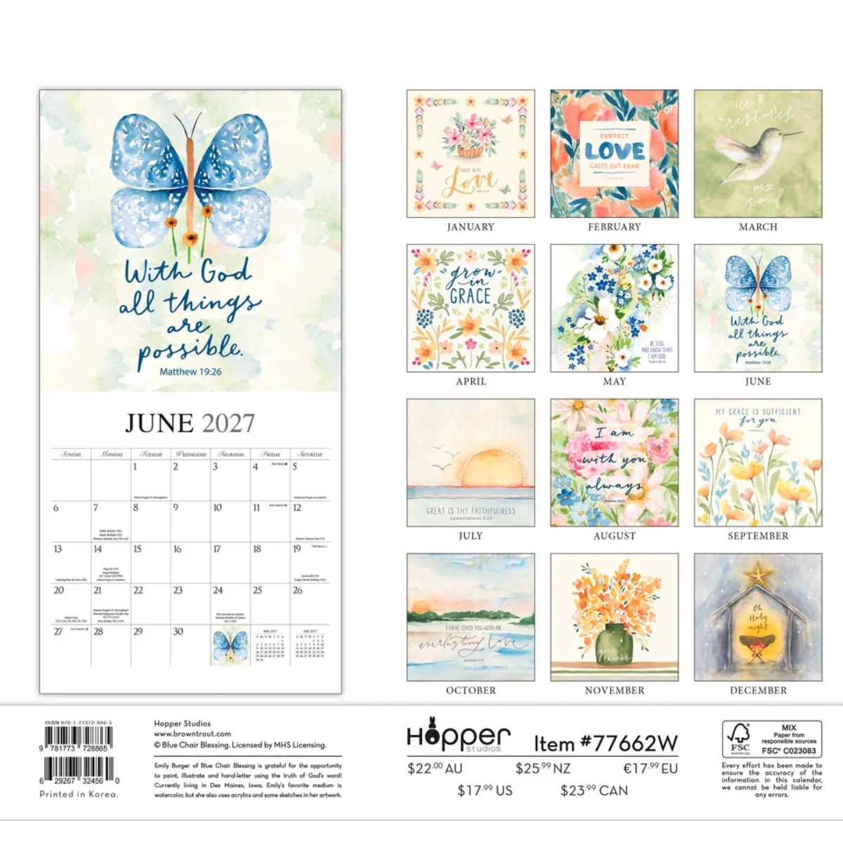 Hopper Designs 2027 wall calendar page set featuring a large June 2027 calendar with a blue butterfly illustration and smaller monthly previews with floral and inspirational artwork.