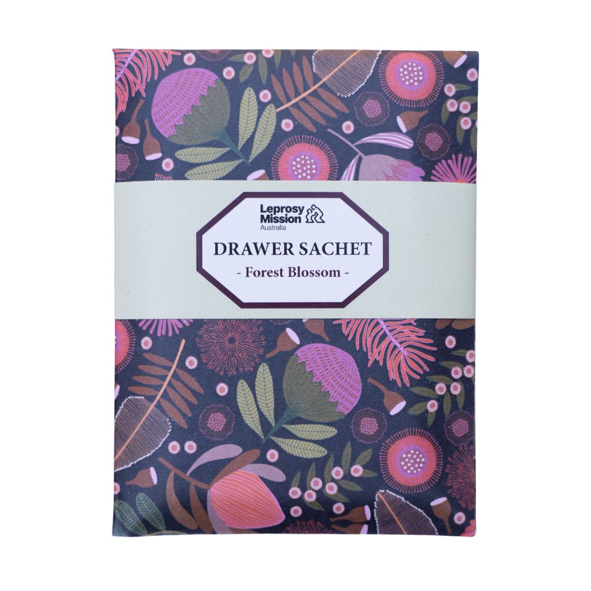Drawer sachet with floral design and 'Leprosy Mission' branding on a white background