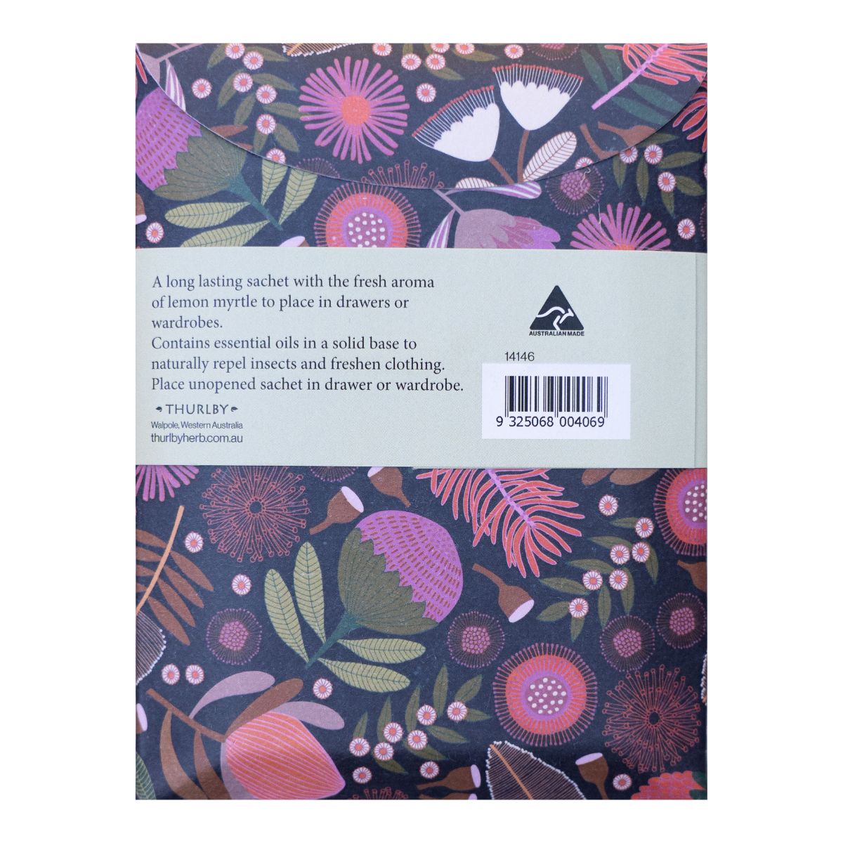 Floral patterned packaging with text and a barcode on a white background