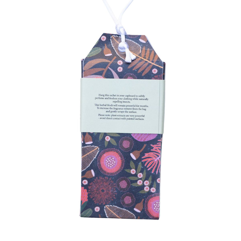 Floral patterned product packaging with a tag on a white background