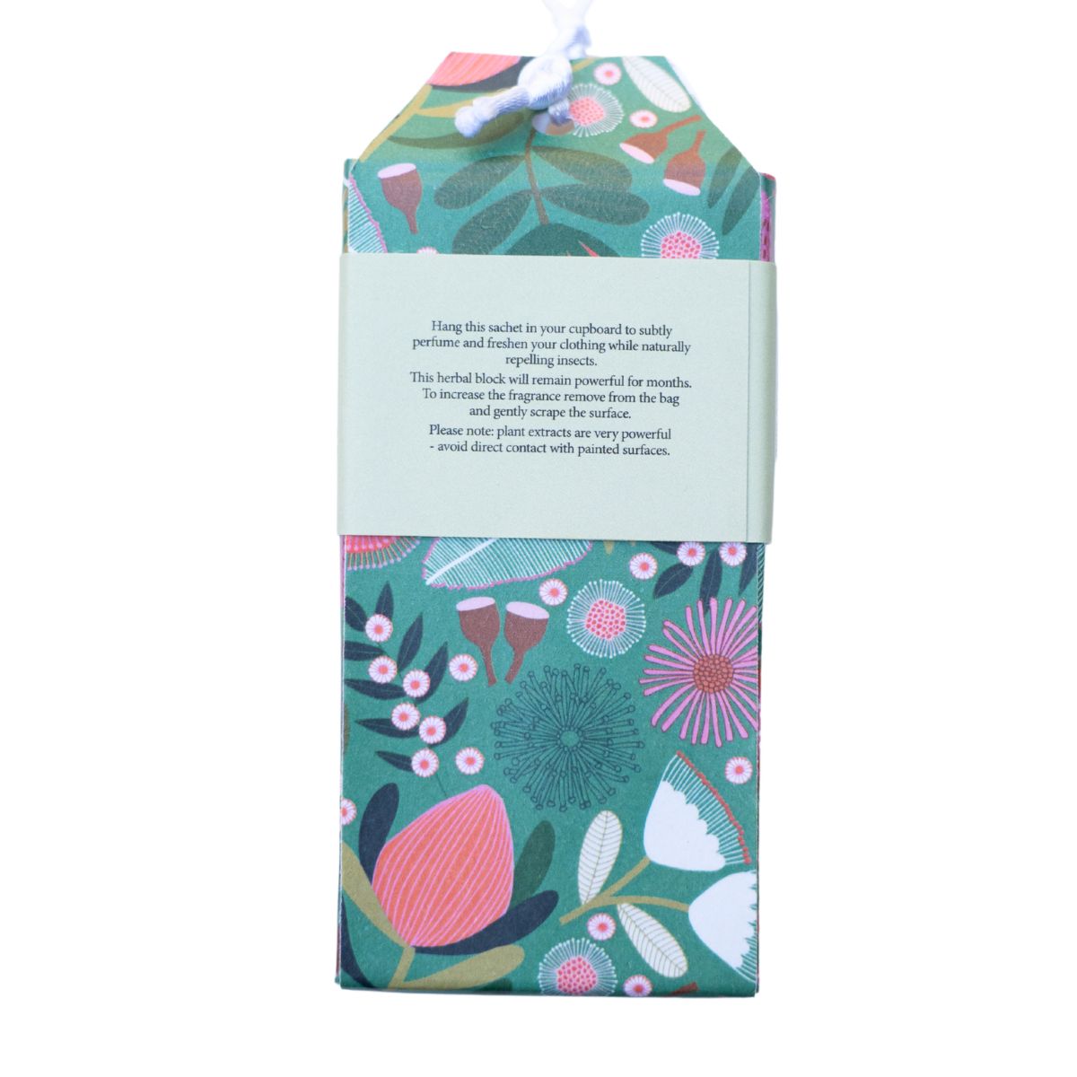 Decorative packaging with floral design and text on a white background