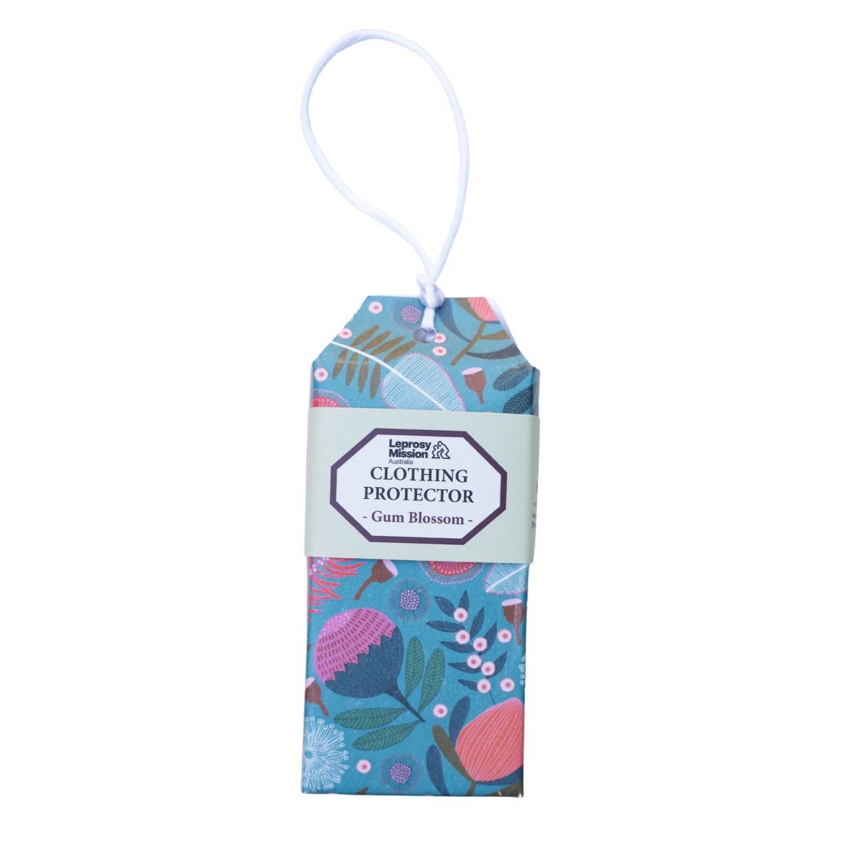 Floral packaging of a clothing protector with a brand label on a white background