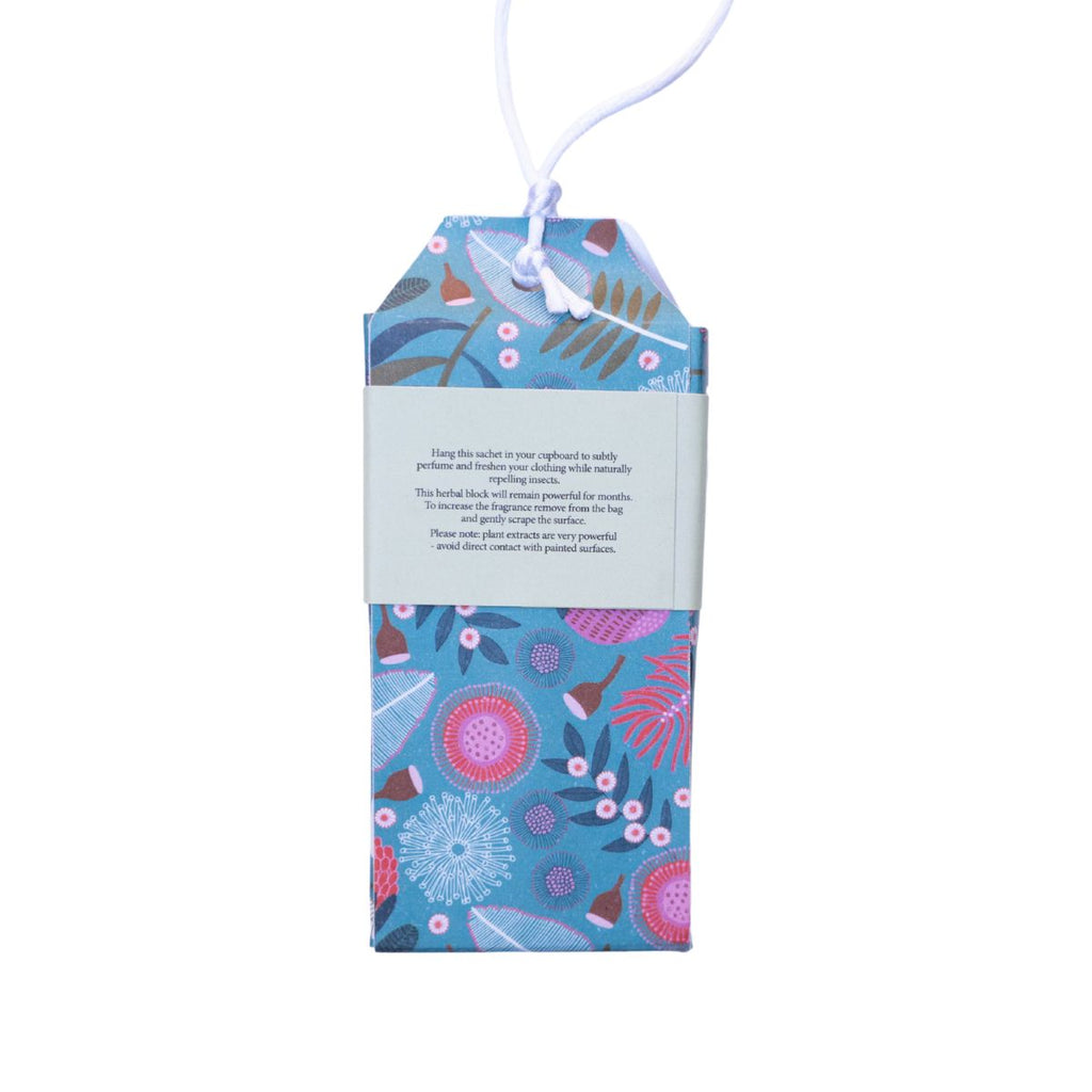 Floral patterned product packaging with a white string on a white background