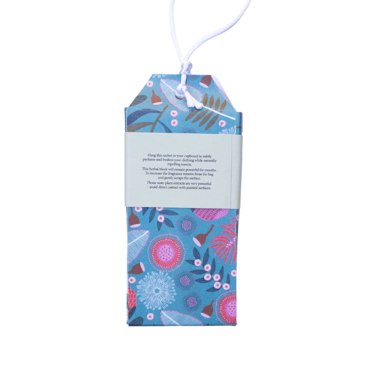 Floral patterned product packaging with a white string on a white background