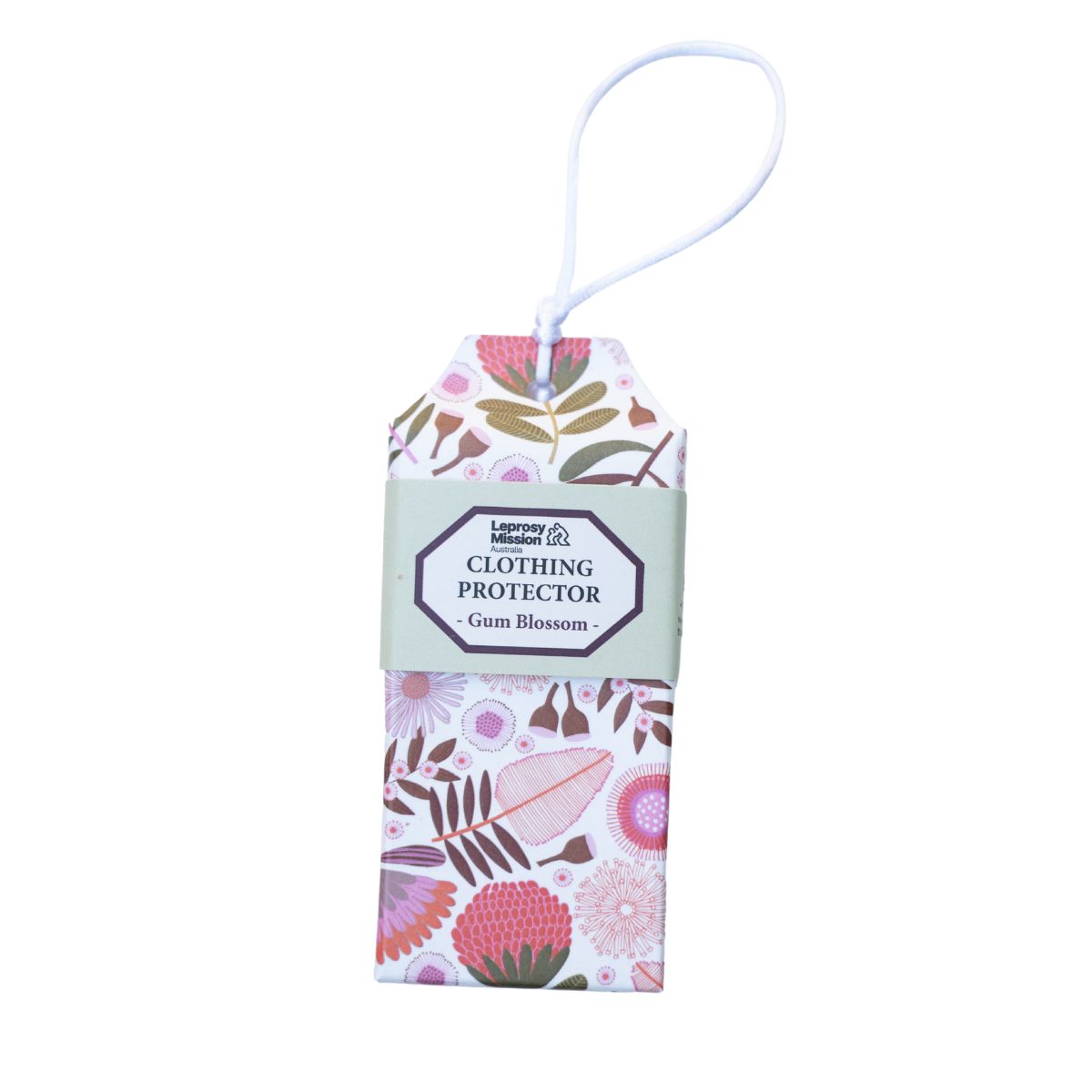 Floral patterned clothing protector with a label on a white background
