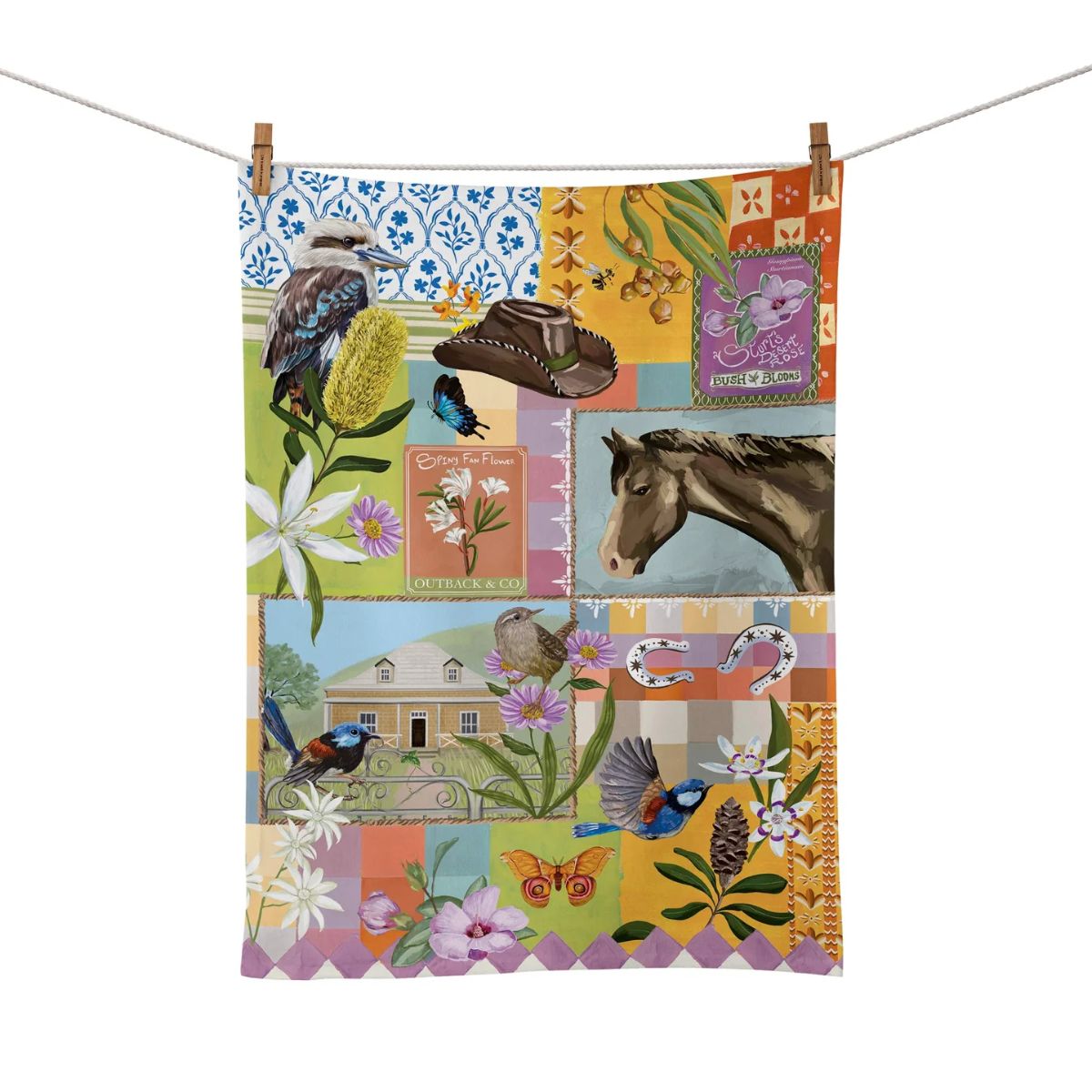 Colorful fabric panel with nature-themed designs featuring animals and plants.