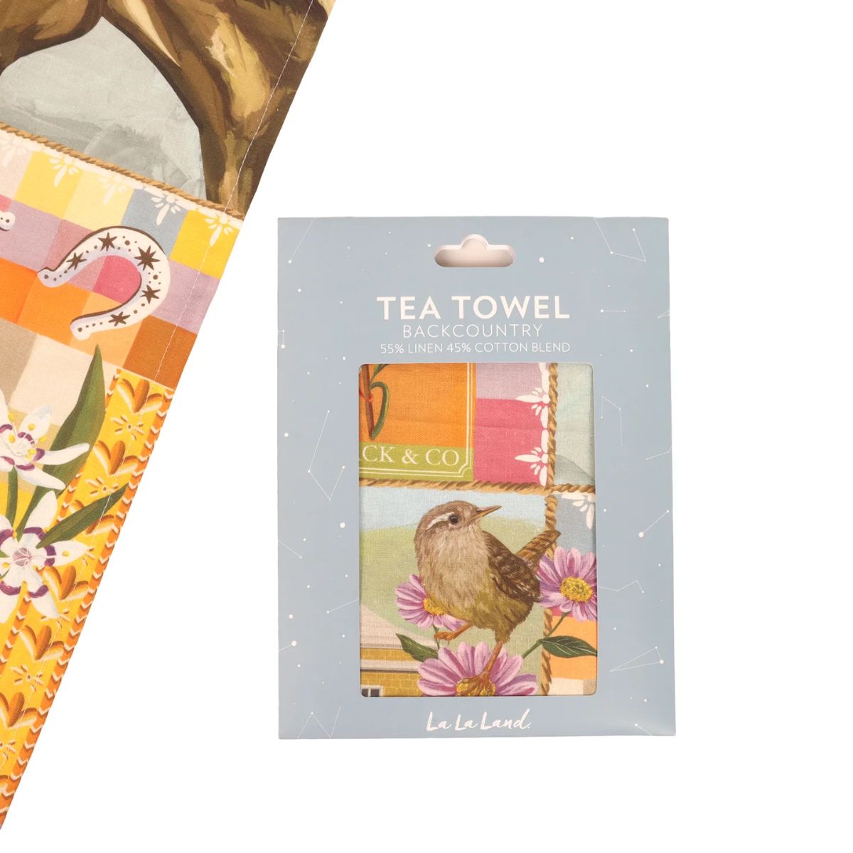 Tea towel packaging with a bird illustration on a white background