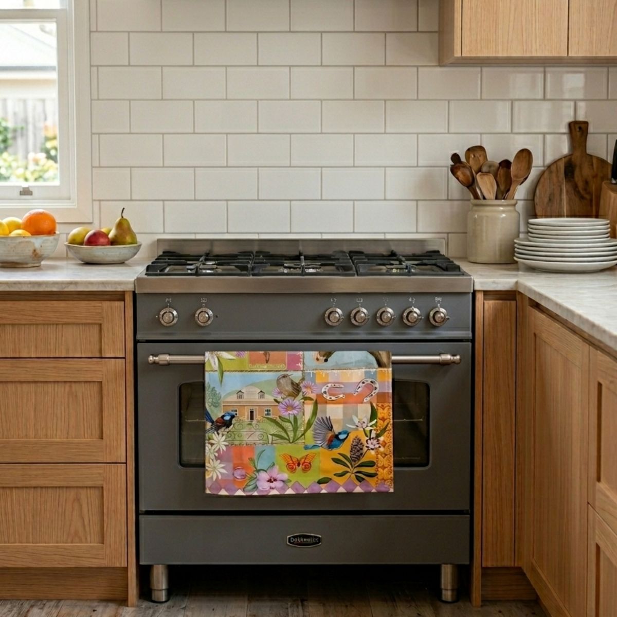 Kitchen with a stove and decorative towel, featuring wooden cabinets and a tiled wall.